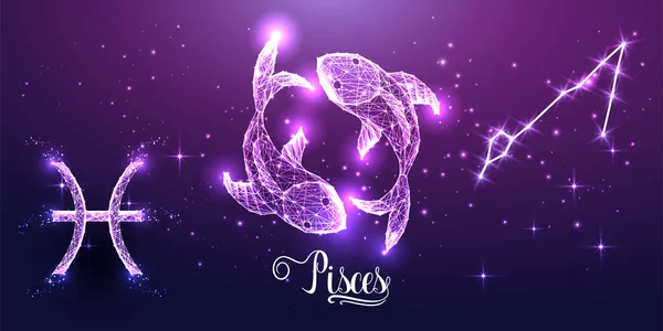 暗い紫色の背景に未来的なピセス星座.低ポリゴンデザインベクトルの作成. — ストックベクタ