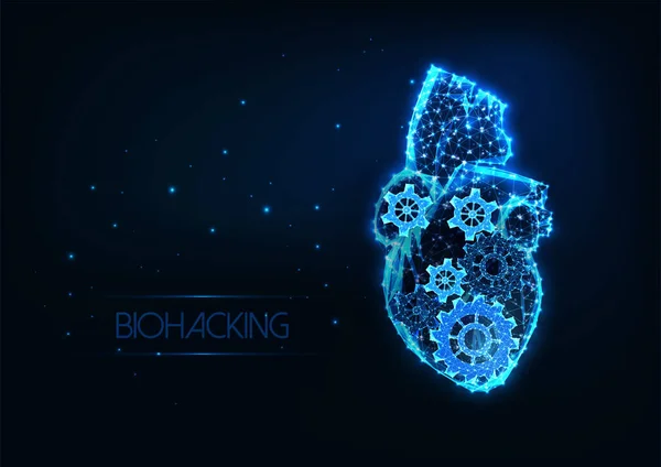 Futuristisk biohacking koncept med glödande låg polygona anatomiska mänskliga hjärta och redskap mekanismer — Stock vektor