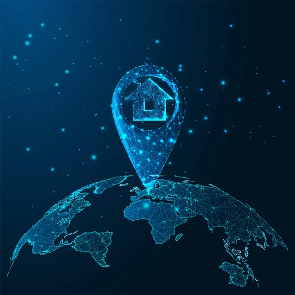 Futuristische Suche nach einem Immobilienkonzept mit glühend niedrigem polygonalen Haus, Standort-Nadel und Kartenglobus — Stockvektor