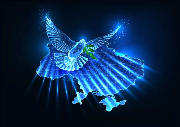Futurista Paz na Ucrânia conceito com brilho baixa pomba paz poligonal voando sobre a Ucrânia mapa — Vetor de Stock