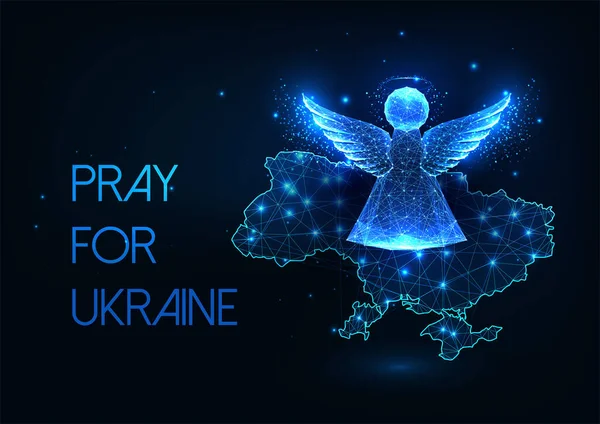 Futuristic Pray for Ukraine concept with glowing low polygonal Angel and Ukraine map on dark blue — стоковий вектор