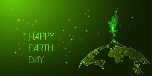 Banner conceptual futurista del Día de la Tierra con brillante mapa de globo poligonal bajo y brote de planta aislado en verde oscuro — Vector de stock