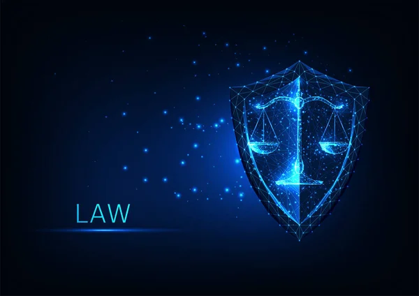 具有发光低多边形刻度和深蓝色屏蔽的未来主义法律保护概念 — 图库矢量图片