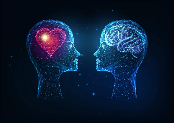 Futuristisk känslomässig och intellektuell intelligens koncept med mänskliga huvuden med hjärta och hjärna — Stock vektor