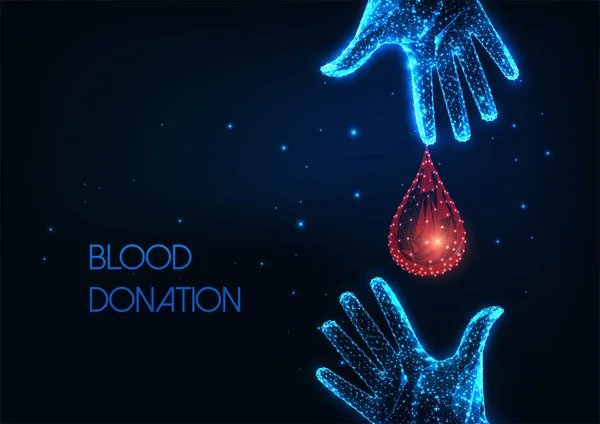 輝く低ポリドナーと受信者の手と血滴と未来的な献血コンセプト — ストックベクタ