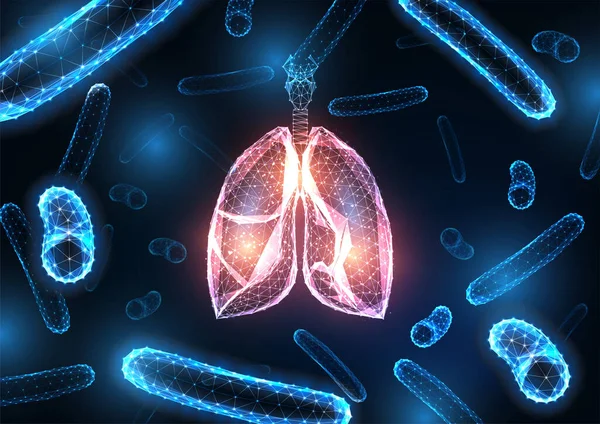 Infección pulmonar futurista, concepto de tuberculosis con pulmones poligonales bajos brillantes y bacterias — Vector de stock