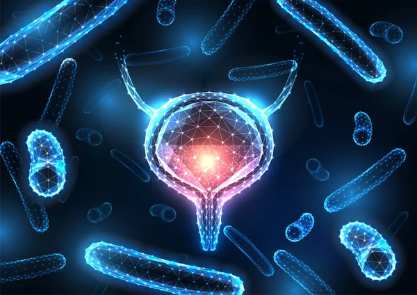 Infection de la vessie futuriste, concept de cystite avec vessie brillante et bactéries sur bleu foncé — Image vectorielle
