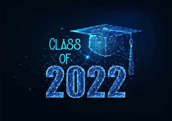 2022 mezuniyet sınıfının parlak düşük çokgen mezuniyet şapkası koyu mavi üzerine izole edilmiş fütüristik konsepti