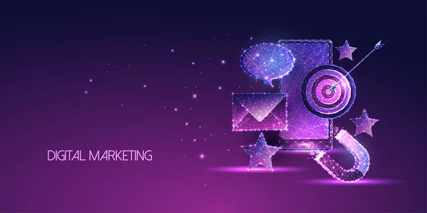 Футуристический цифровой маркетинг, концепт-баннер мобильной рекламы на фиолетовом фоне — стоковый вектор
