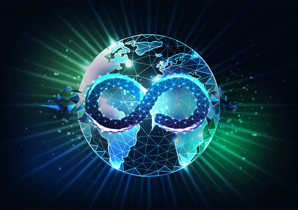 Banner de conceito de economia circular futurista com loop de infinito poligonal brilhante e mapa globo — Vetor de Stock
