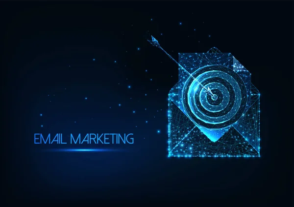 Futuristisk e-postmarknadsföring koncept banner med glödande låg polygonal post kuvert och mål — Stock vektor