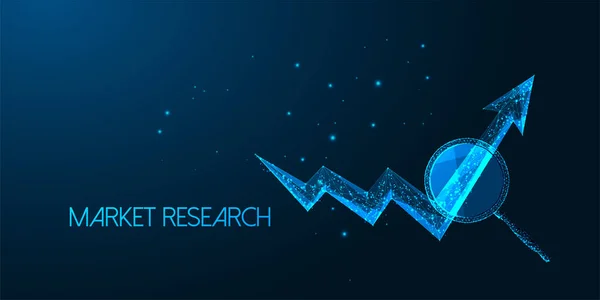 Concepto de investigación de mercado futurista con lupa poligonal baja brillante y flecha de crecimiento de datos — Vector de stock