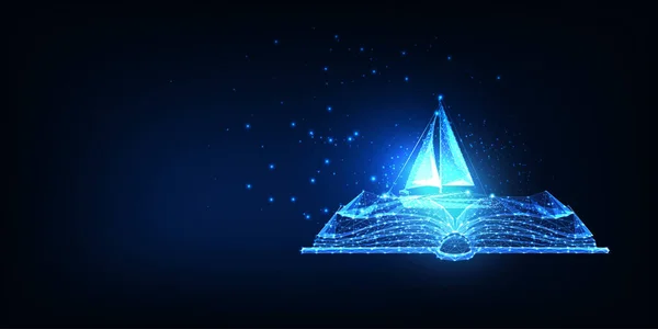 Imaginação futurista, contação de histórias, conceito de inspiração com brilhante livro aberto e barco à vela — Vetor de Stock