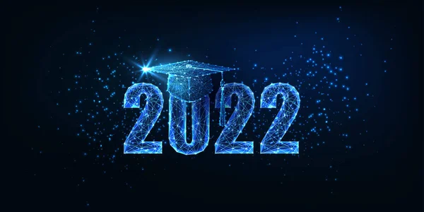 Futuristic graduation 2022 concept banner with glowing low polygonal graduation hat on dark blue — Stock Vector