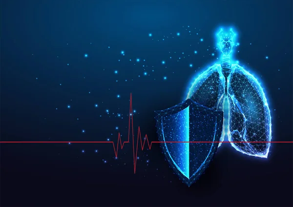 Futuristic lungs protection, pulmonary diseases health care concept with anatomical lungs and shield — Vetor de Stock