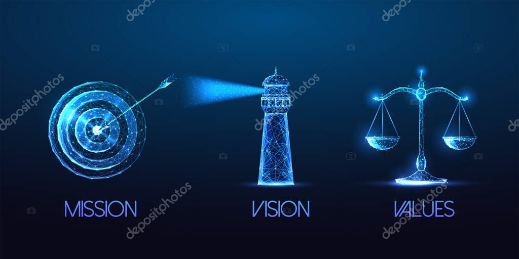 Futuristic mission, vision, values concept with glowing low polygonal target, lighthouse and scales symbols isolated on dark blue background. Modern wire frame mesh design vector illustration.