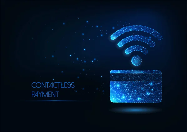 Futuristic contactless payment concept with glowing low polygonal credit card and wi fi symbol — Stockvektor