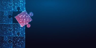 Fütüristik iş çözümü, takım çalışması konsepti, parlayan yapboz parçalı web pankartı