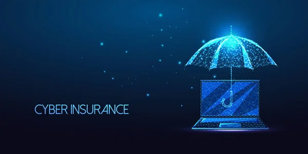 未来主义网络保险，具有发光低多边形伞和笔记本电脑的网络安全概念 — 图库矢量图片