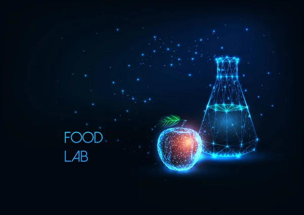 Futuristiskt livsmedelslaboratorium, bioteknikkoncept med glödande labbkolv och äpple — Stock vektor