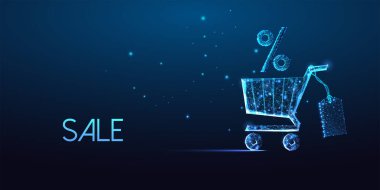 Gelecekteki satış, parlayan alışveriş arabalı online alışveriş konsepti, yüzde indirimli tabela ve etiket