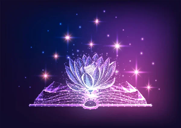 Futuristic magic, mysterious story concept with glowing open book and lotus flowers and stars — Image vectorielle