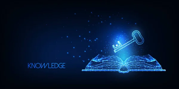 Futuristic knowledge, wisdom, education concept with glowing open book and key on dark blue — Vector de stock