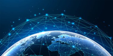 Parlak gezegen dünya haritası ve koyu mavi üzerindeki bağlantı çizgilerine sahip gelecekçi küresel ağ kavramı 