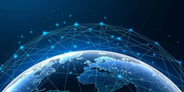 Concepto futurista de red global con un brillante mapa del planeta tierra y líneas de conexión en azul oscuro — Vector de stock