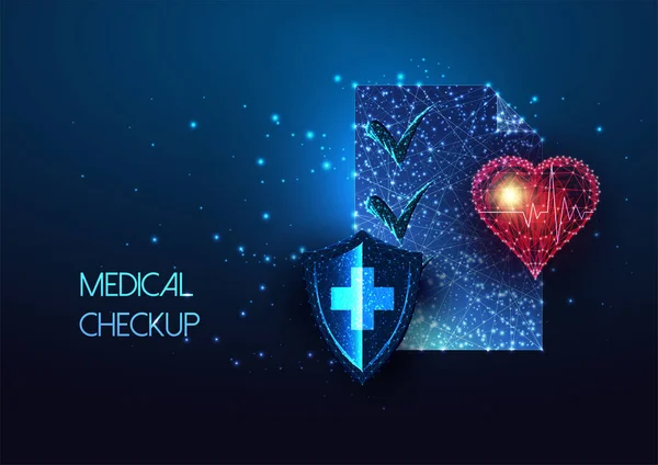 Futuristická koncepce zdravotní prohlídky se zářivým lékařským štítem, symbolem srdce a papírovým dokumentem — Stockový vektor