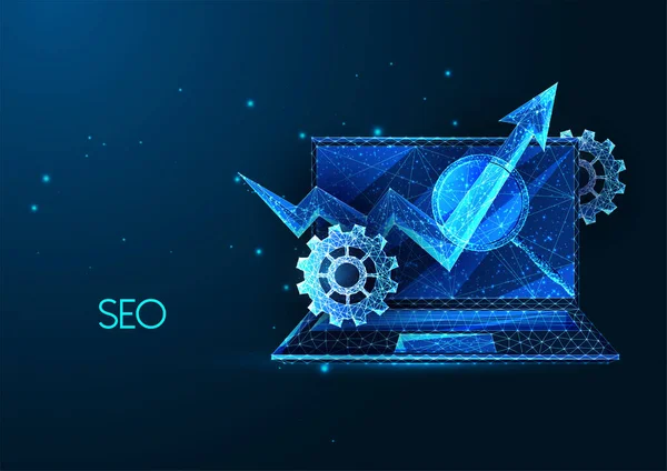 Futuristic SEO Search optimization machine concept with laptop, magnifying glass, arrow and gears — стоковый вектор