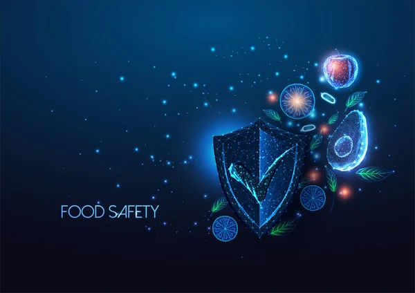 Conceito futurista de controle de segurança alimentar com frutas e vegetais brilhantes e marca de homologação de escudo — Vetor de Stock