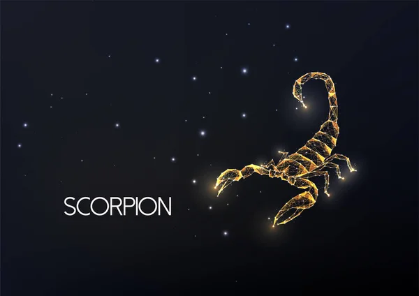 Gold scorpion made of lines, dots, circles and polygons isolated on black background. — Vector de stock