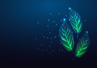 Futuristic eco herbs concept with glowing low polygonal green leaves isolated on dark blue