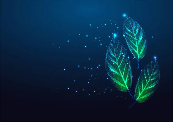Futuristic eco herbs concept with glowing low polygonal green leaves isolated on dark blue — Stockový vektor