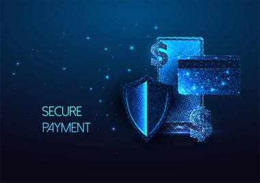 Futuristic secure payment, online banking concept with glow smartphone, credit card, shield, dollar
