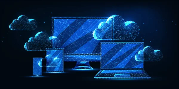 Futuristic cloud computing, technology concept with glowing computer, laptop, smartphone, tablet — Archivo Imágenes Vectoriales