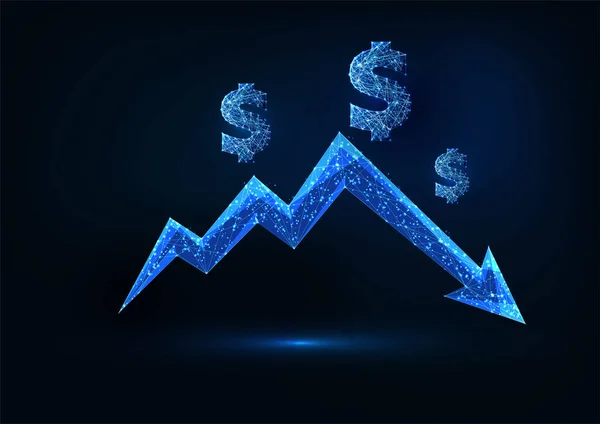 Futurisztikus recesszió, pénzügyi válság koncepció ragyogó lefelé nyíl chart és dollár jel — Stock Vector