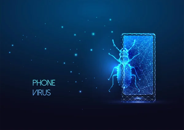 Futuristisch Virus Aanval Concept Met Gloeiende Lage Polygonale Smartphone Bug — Stockvector