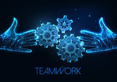 Gelecekçi takım çalışması, parlayan düşük çokgen ellerle dişlilere dokunan işbirliği konsepti koyu mavi arka planda izole edilmiş dişli tekerlekleri. Modern tel çerçeve ağ tasarımı vektör çizimi.