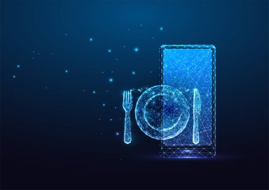 Parlayan düşük çokgen akıllı telefon ve gümüş çatal bıçaklı koyu mavi arka planlı gelecekteki restoran menüsü uygulaması kavramı. Modern tel çerçeve ağ tasarımı vektör çizimi.