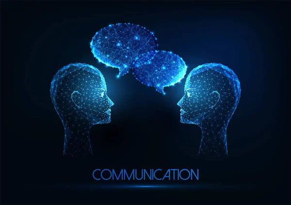 Φουτουριστικό Επικοινωνία Διάλογος Έννοια Λαμπερό Χαμηλό Πολυγωνικό Δύο Ανθρώπινα Κεφάλια — Διανυσματικό Αρχείο