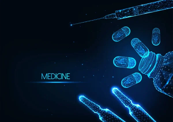 暗い青の背景に輝く低多角形のボトル薬 注射器 バイアルで未来的な薬 医療の概念 現代のワイヤフレームメッシュデザインベクトル図 — ストックベクタ