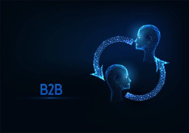 Futuristic business to business B2B concept with glowing low polygonal two human heads and arrows isolated on dark blue background. Modern wire frame mesh design vector illustration. clipart