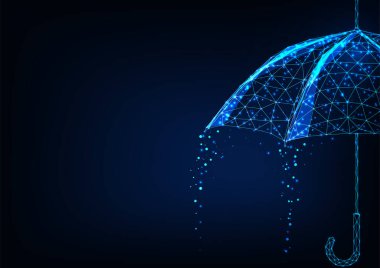 Yağmurdan damlayan konsept pankartı ve koyu mavi arka planda parlayan düşük çokgen tarzlı fotokopi alanı olan gelecekçi şemsiye. Modern tel çerçeve ağ tasarımı vektör çizimi.