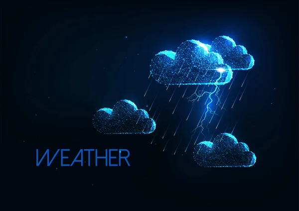 暗い青の背景に隔離された輝く低多角形の雲 雨のシャワーと雷と未来的な雷雨 気象学の概念 現代のワイヤフレームメッシュデザインベクトル図 — ストックベクタ