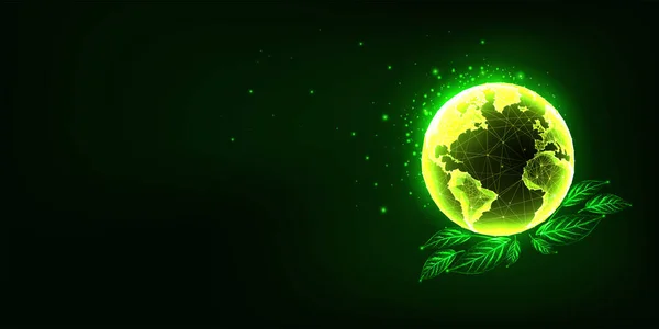 Concepto Tecnología Ambiental Con Planeta Verde Brillante Globo Terrestre Hojas — Vector de stock