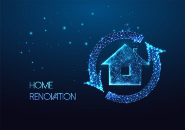 Fütüristik ev yenileme, parlak düşük çokgen ev ikonu ve koyu mavi arka planda izole edilmiş sembol ile yeniden dizayn konsepti. Modern tel çerçeve ağ tasarımı vektör çizimi.