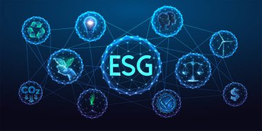 Çevresel sosyal yönetim kavramı esg ekonomisi, yatırım, koyu mavi arka planda parlak düşük çokgen stilinde gelişim. Modern soyut bağlantı tasarım vektörü çizimi.