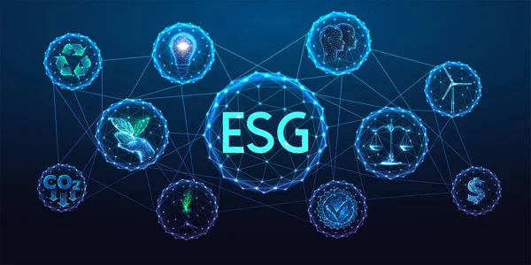 Çevresel sosyal yönetim kavramı esg ekonomisi, yatırım, koyu mavi arka planda parlak düşük çokgen stilinde gelişim. Modern soyut bağlantı tasarım vektörü çizimi.